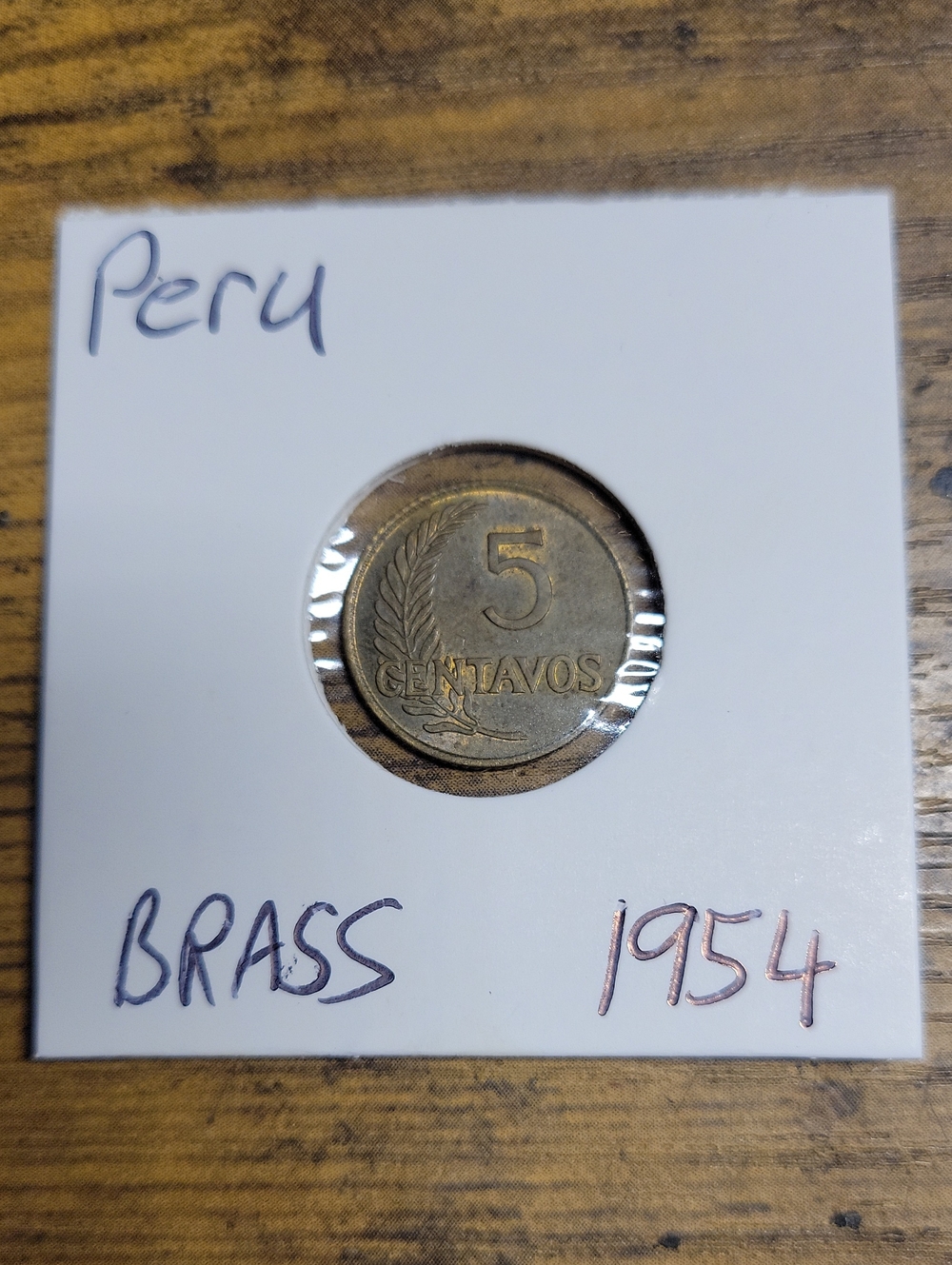 Vintage 1954 Peru 5 Centovos Coin- Brass Tones
